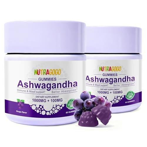 NUTRAGOGO Ashwagandha Gummies & Vitamin D3 Gummies Organic Aswangdha Supplement for Improve Sleep, Stress Relief & Mood Calm (Grape Berry, Non-GMO, Gluten-Free & Sugar Free) - 2 Pack - görsel 2