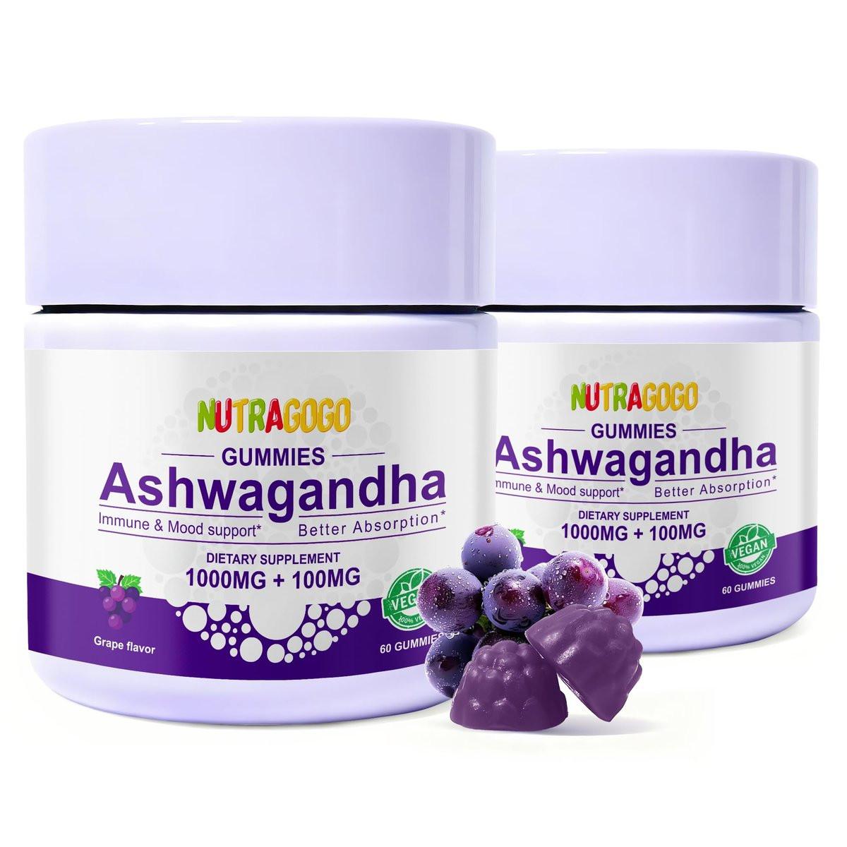NUTRAGOGO Ashwagandha Gummies & Vitamin D3 Gummies Organic Aswangdha Supplement for Improve Sleep, Stress Relief & Mood Calm (Grape Berry, Non-GMO, Gluten-Free & Sugar Free) - 2 Pack - görsel 1