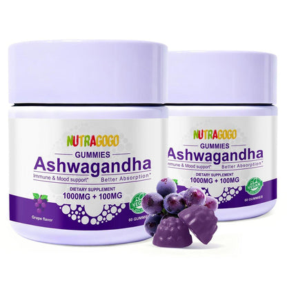 NUTRAGOGO Ashwagandha Gummies & Vitamin D3 Gummies Organic Aswangdha Supplement for Improve Sleep, Stress Relief & Mood Calm (Grape Berry, Non-GMO, Gluten-Free & Sugar Free) - 2 Pack