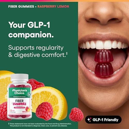 Physician's CHOICE Fiber Gummies for GLP-1 Support - No Sugar Added & Vegan - Raspberry Lemon - Natural Chicory Root Prebiotic Fiber Gummy - Digestive Health & Regularity for Women & Men - 60CT