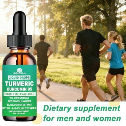 Turmeric Curcumin Supplement Drops with 95% Curcuminoids, Enhanced Absorption Liquid Turmeric Complex 1000mg w/Bee Propolis Ginger MCT Oil Vitamin C & Black Pepper for Joint & Immune Support | Non GMO