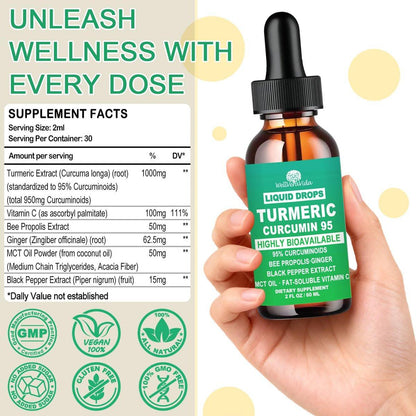 Turmeric Curcumin Supplement Drops with 95% Curcuminoids, Enhanced Absorption Liquid Turmeric Complex 1000mg w/Bee Propolis Ginger MCT Oil Vitamin C & Black Pepper for Joint & Immune Support | Non GMO