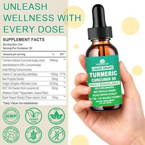 Turmeric Curcumin Supplement Drops with 95% Curcuminoids, Enhanced Absorption Liquid Turmeric Complex 1000mg w/Bee Propolis Ginger MCT Oil Vitamin C & Black Pepper for Joint & Immune Support | Non GMO - görsel 4