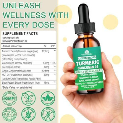 Turmeric Curcumin Supplement Drops with 95% Curcuminoids, Enhanced Absorption Liquid Turmeric Complex 1000mg w/Bee Propolis Ginger MCT Oil Vitamin C & Black Pepper for Joint & Immune Support | Non GMO
