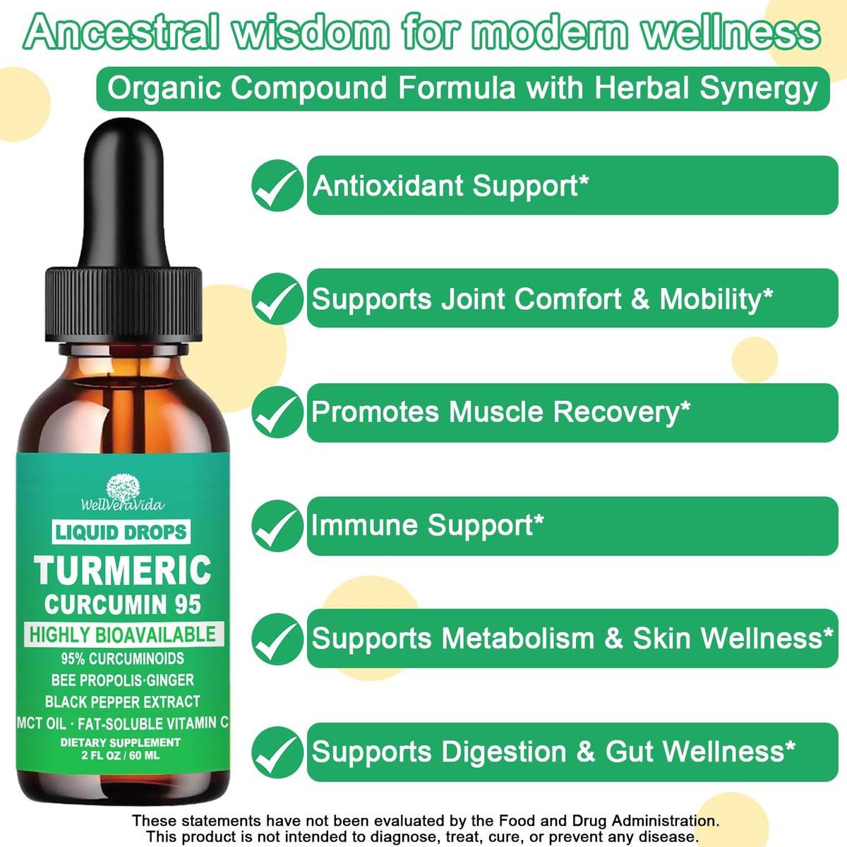 Turmeric Curcumin Supplement Drops with 95% Curcuminoids, Enhanced Absorption Liquid Turmeric Complex 1000mg w/Bee Propolis Ginger MCT Oil Vitamin C & Black Pepper for Joint & Immune Support | Non GMO - görsel 5