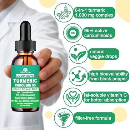 Turmeric Curcumin Supplement Drops with 95% Curcuminoids, Enhanced Absorption Liquid Turmeric Complex 1000mg w/Bee Propolis Ginger MCT Oil Vitamin C & Black Pepper for Joint & Immune Support | Non GMO
