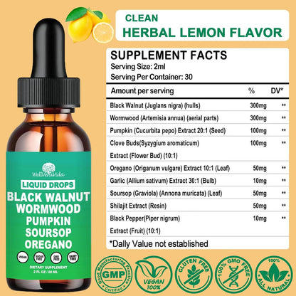Liposomal Wormwood Black Walnut Clove Cleanse for Humans Drops, Organic 9-in-1 Herbal Extract Hull Supplement Plus Oregano, Soursop & Pumpkin Seed for Gut Detox & Digestive Health丨Vegan,30 Days Supply