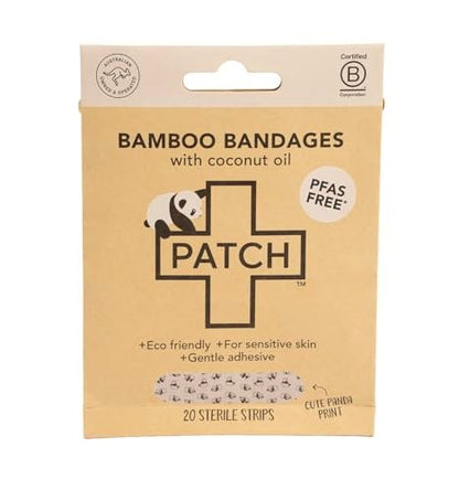 PATCH Eco-Friendly Bamboo Adhesive Sensitive Skin Bandages with Coconut Oil, Hypoallergenic Bandages for Sensitive Skin, Cute Kids Panda Print, Biodegradable, Plastic & Latex Free, 20pk
