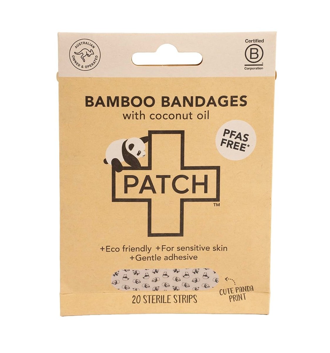 PATCH Eco-Friendly Bamboo Adhesive Sensitive Skin Bandages with Coconut Oil, Hypoallergenic Bandages for Sensitive Skin, Cute Kids Panda Print, Biodegradable, Plastic & Latex Free, 20pk - görsel 1