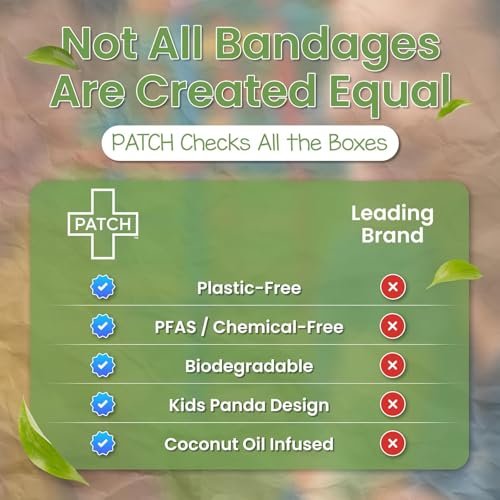 PATCH Eco-Friendly Bamboo Adhesive Sensitive Skin Bandages with Coconut Oil, Hypoallergenic Bandages for Sensitive Skin, Cute Kids Panda Print, Biodegradable, Plastic & Latex Free, 20pk - görsel 8