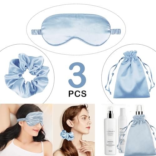3Pcs Satin Eye Mask Silk Sleep Masks Set Silky Blindfold Eyeshade Blackout Eyes Cover Pouches Bag Scrunchy Wedding Gift - görsel 2