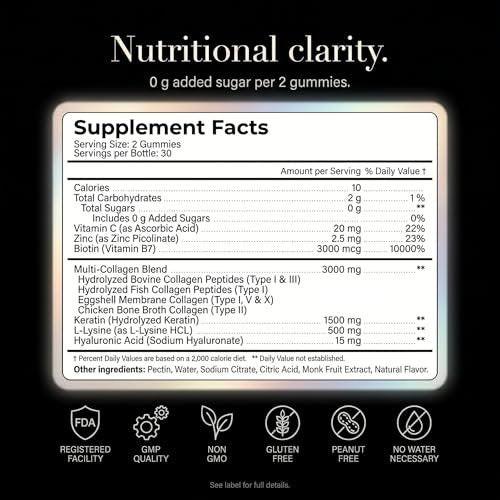 Collagen Peptides Gummies Sugar Free 3000mg Multi Collagen Blend for Hair, Skin & Nails Support + 1500mg Keratin + 3000mcg Biotin, Hyaluronic Acid, Vitamin C & Zinc, 60 Gummies (Packaging May Vary) - görsel 13