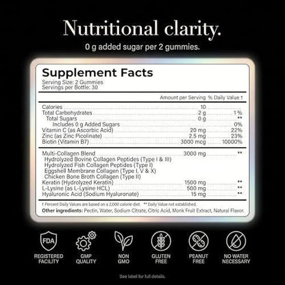 Collagen Peptides Gummies Sugar Free 3000mg Multi Collagen Blend for Hair, Skin & Nails Support + 1500mg Keratin + 3000mcg Biotin, Hyaluronic Acid, Vitamin C & Zinc, 60 Gummies (Packaging May Vary)