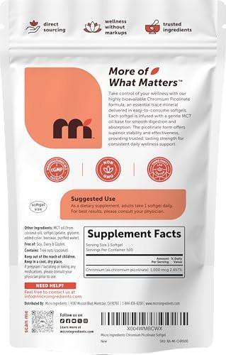 Micro Ingredients Chromium Picolinate 1,000 mcg Per Serving, 500 Softgels, 1 Year Supply | Chelated Essential Mineral Supplement with MCT Oil | Non-GMO