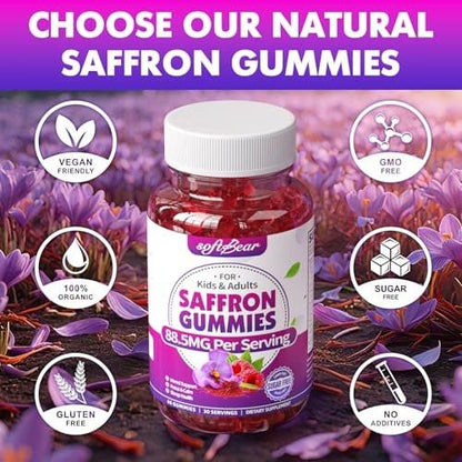 softbear Saffron Gummies for Kids & Adults, 10-in-1 Organic Saffron Supplements with 88.5mg Saffron Extract Support Calm Mind & Focus & Zzz, Sugar Free/Non-GMO, Raspberry Flavor 60 Count