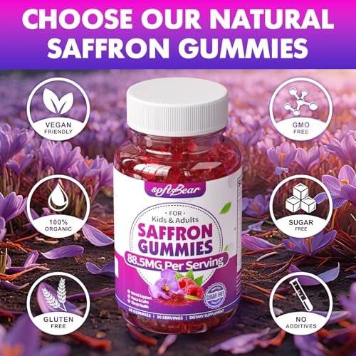 softbear Saffron Gummies for Kids & Adults, 10-in-1 Organic Saffron Supplements with 88.5mg Saffron Extract Support Calm Mind & Focus & Zzz, Sugar Free/Non-GMO, Raspberry Flavor 60 Count - görsel 9