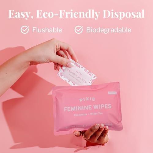 Pixie Feminine Wipes – Naturally Scented Rosewater + White Tea – Flushable, Biodegradable & pH Balanced – Individually Wrapped Wipes for On-The-Go – Cleaner for Menstrual Cups & Discs (2 Packs of 20) - görsel 14