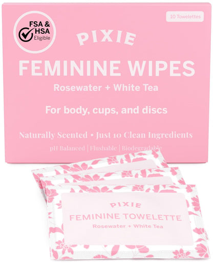 Pixie Feminine Wipes – Naturally Scented Rosewater + White Tea – Flushable, Biodegradable & pH Balanced – Individually Wrapped Wipes for On The Go – Cleaner for Menstrual Cups & Discs (10 Count)