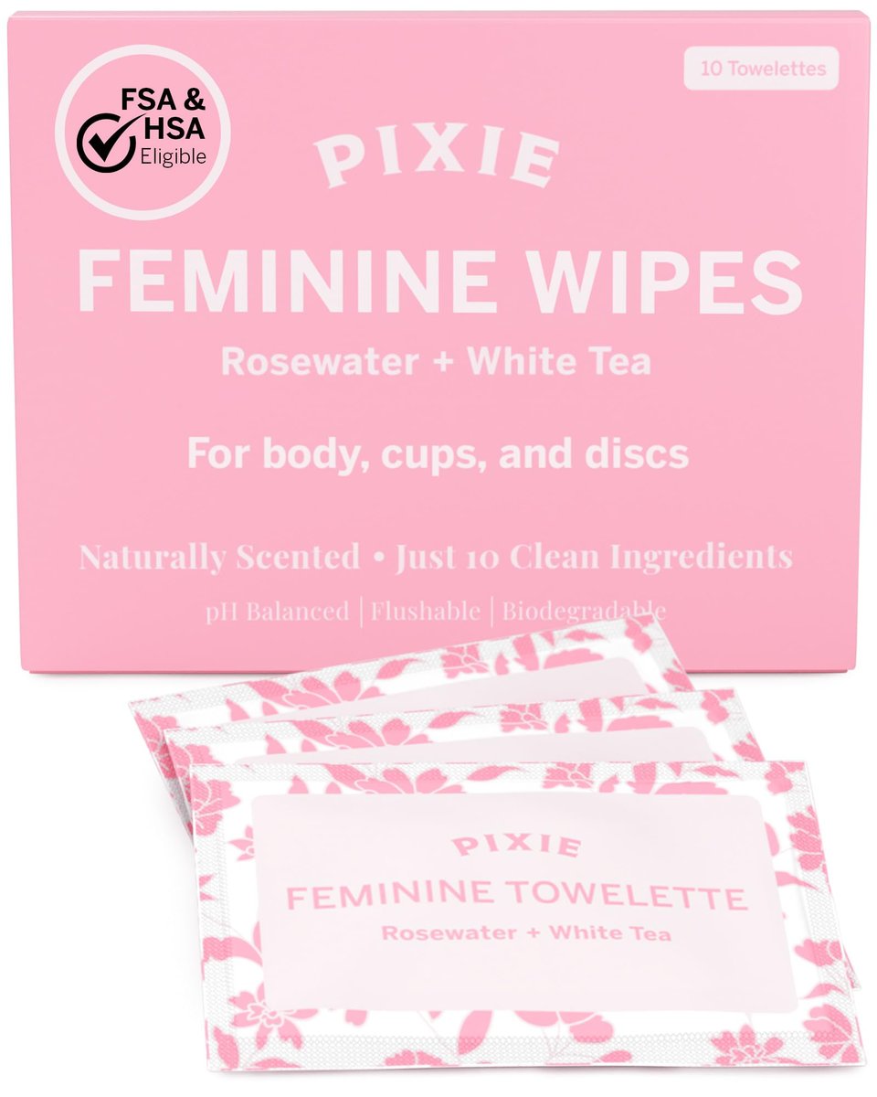 Pixie Feminine Wipes – Naturally Scented Rosewater + White Tea – Flushable, Biodegradable & pH Balanced – Individually Wrapped Wipes for On The Go – Cleaner for Menstrual Cups & Discs (10 Count) - görsel 10