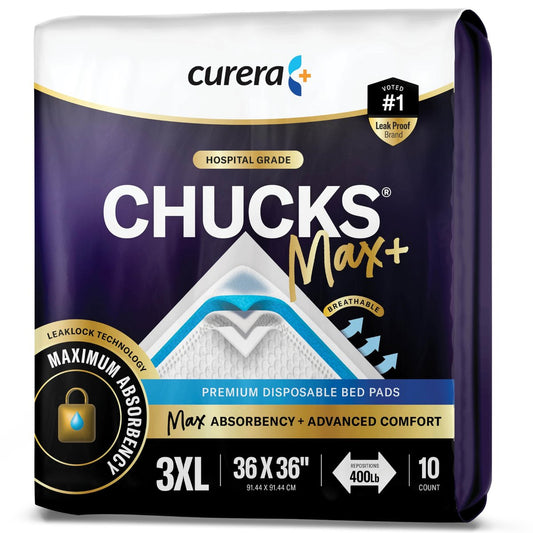 Chucks® MAX+ Hospital Bed Pads Disposable Adult 36 x 36 Incontinence Pads - XXX-Large Pee Pads for Elderly Adults. Extra Heavy Duty Absorbency, Breathable Soft Padded Repositioning Underpads 10-Pack