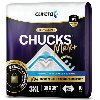 Chucks® MAX+ Hospital Bed Pads Disposable Adult 36 x 36 Incontinence Pads - XXX-Large Pee Pads for Elderly Adults. Extra Heavy Duty Absorbency, Breathable Soft Padded Repositioning Underpads 10-Pack