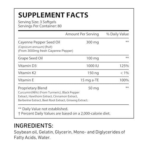 DLOMFVFQ Cayenne Pepper Softgels Supplement, Rich in Vitamin E D3+K2 and Extracts of Grape Seed, Hawthorn, Beetroot and Others, Supports Leg Vein, Heart and Blood Vessel Health - 240 Softgels/1 Pack - görsel 15