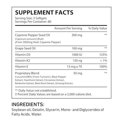 DLOMFVFQ Cayenne Pepper Softgels Supplement, Rich in Vitamin E D3+K2 and Extracts of Grape Seed, Hawthorn, Beetroot and Others, Supports Leg Vein, Heart and Blood Vessel Health - 240 Softgels/1 Pack