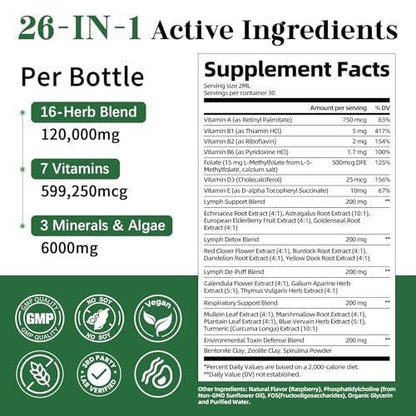 Migcopat 26-in-1 Liposomal Lymphatic Drainage Drops, Echinacea, Turmeric, Elderberry, Dandelion, Vitamins and Mullein Drops for Lungs, Lymphatic, Immune Support, Liver Cleanse Detox & Repair, 2 fl oz