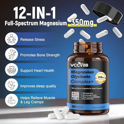 12-in-1 Magnesium Complex 350mg | High Absorption Magnesium Glycinate, Citrate, Malate & Taurate | Relieve Cramps, Stress, Better Sleep | Heart, Bone & Nerve Health | 90 Vegan Capsules
