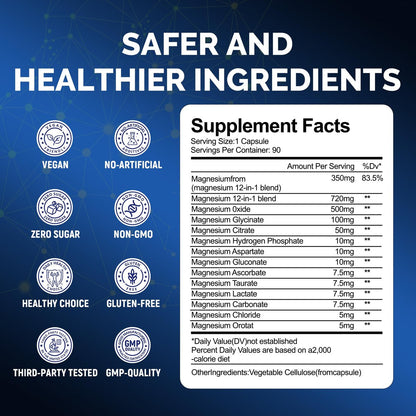 12-in-1 Magnesium Complex 350mg | High Absorption Magnesium Glycinate, Citrate, Malate & Taurate | Relieve Cramps, Stress, Better Sleep | Heart, Bone & Nerve Health | 90 Vegan Capsules