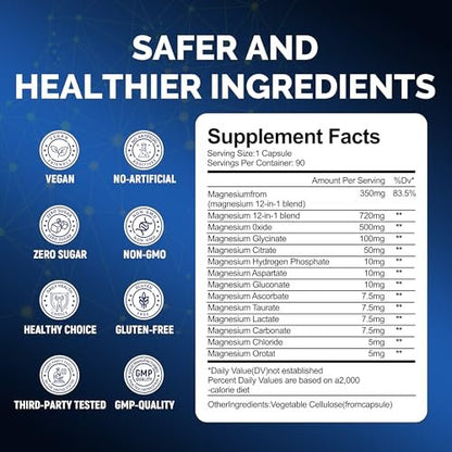 12-in-1 Magnesium Complex 350mg | High Absorption Magnesium Glycinate, Citrate, Malate & Taurate | Relieve Cramps, Stress, Better Sleep | Heart, Bone & Nerve Health | 90 Vegan Capsules
