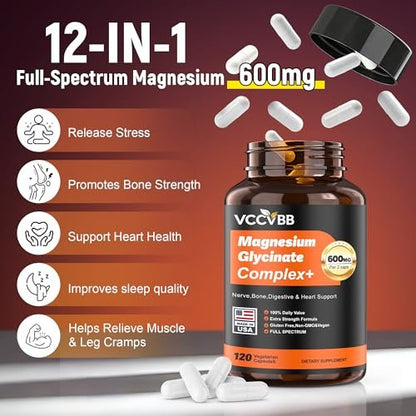 Magnesium Complex for Women & Men 600mg, 12-in-1 High Absorption Magnesium Glycinate, Citrate, Malate & Taurate | Relieve Cramps, Stress, Sleep | Heart, Bone & Nerve Health | 120 Vegan Capsules