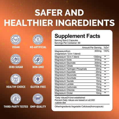 Magnesium Complex for Women & Men 600mg, 12-in-1 High Absorption Magnesium Glycinate, Citrate, Malate & Taurate | Relieve Cramps, Stress, Sleep | Heart, Bone & Nerve Health | 120 Vegan Capsules