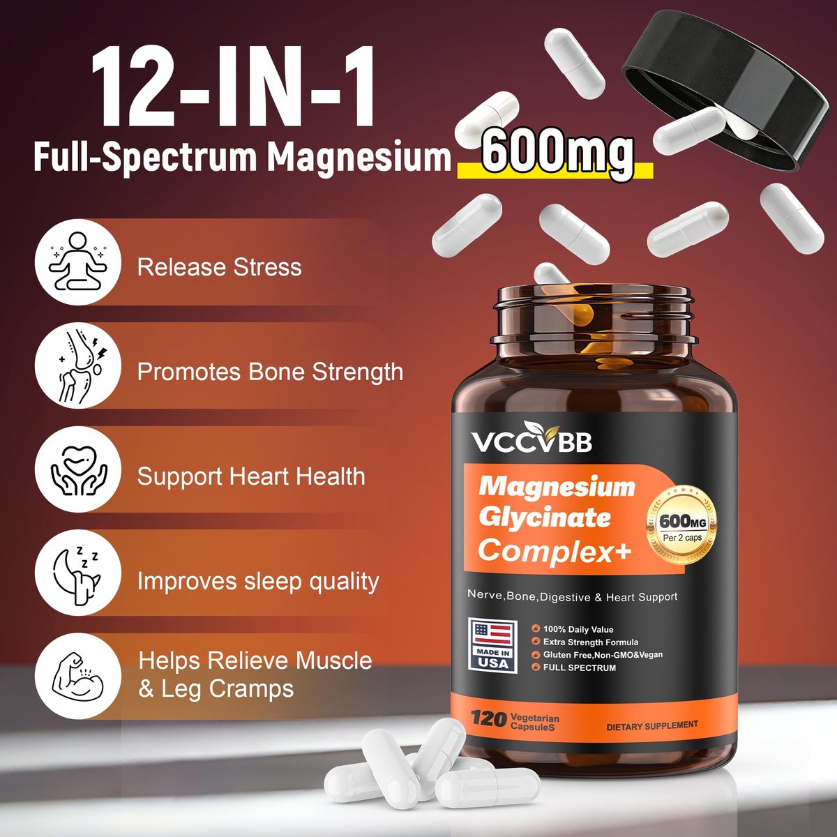 Magnesium Complex for Women & Men 600mg, 12-in-1 High Absorption Magnesium Glycinate, Citrate, Malate & Taurate | Relieve Cramps, Stress, Sleep | Heart, Bone & Nerve Health | 120 Vegan Capsules - görsel 3