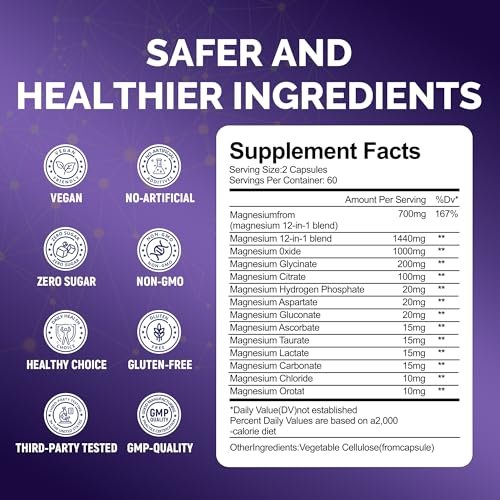 Magnesium Complex, Magnesium Glycinate, Elemental Magnesium Supplement with Oxide, Taurate, Citrate, Orotate & Aspartate, Supports Muscle Relaxation, Heart Health, Sleep & Energy | Vegan (700mg) - görsel 16