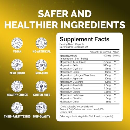 400mg Magnesium Complex for Men & Women, 12-in-1 Magnesium Glycinate, Citrate, Malate & Taurate | Relieve Cramps, Stress, Better Sleep | Heart, Bone & Nerve Health | 90 Vegan Capsules - görsel 15