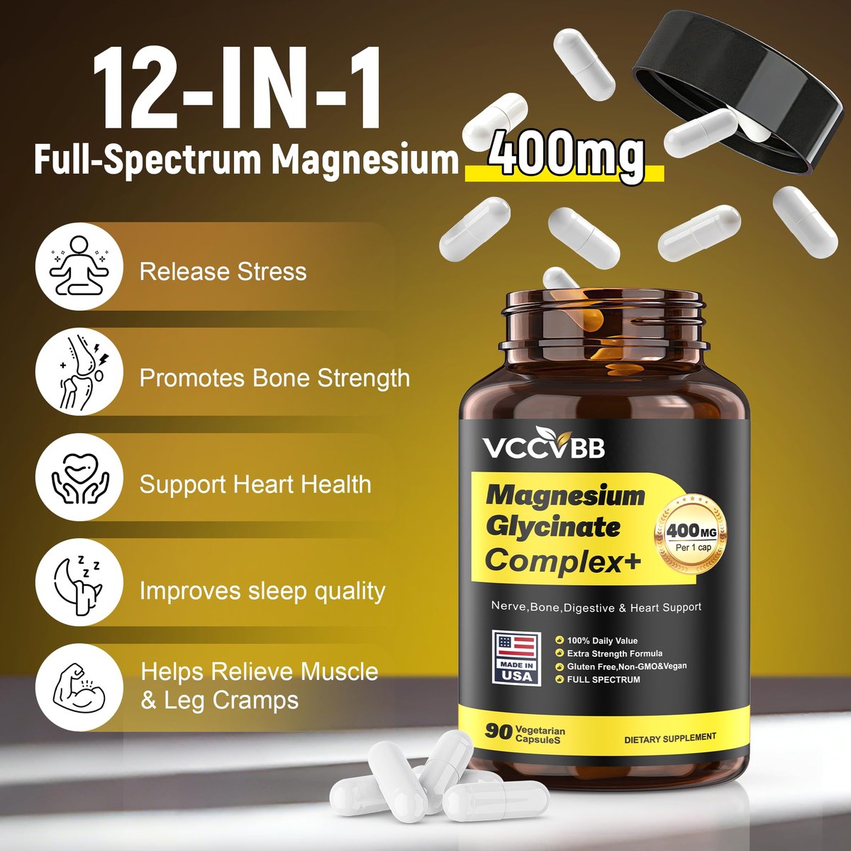 400mg Magnesium Complex for Men & Women, 12-in-1 Magnesium Glycinate, Citrate, Malate & Taurate | Relieve Cramps, Stress, Better Sleep | Heart, Bone & Nerve Health | 90 Vegan Capsules - görsel 4
