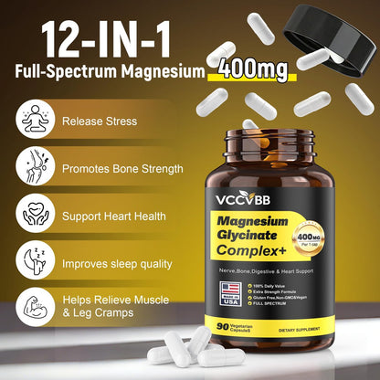 400mg Magnesium Complex for Men & Women, 12-in-1 Magnesium Glycinate, Citrate, Malate & Taurate | Relieve Cramps, Stress, Better Sleep | Heart, Bone & Nerve Health | 90 Vegan Capsules