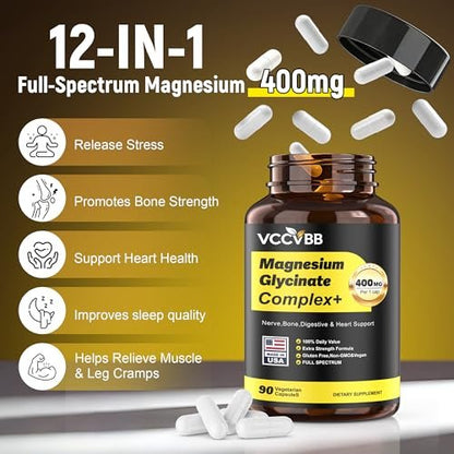 400mg Magnesium Complex for Men & Women, 12-in-1 Magnesium Glycinate, Citrate, Malate & Taurate | Relieve Cramps, Stress, Better Sleep | Heart, Bone & Nerve Health | 90 Vegan Capsules