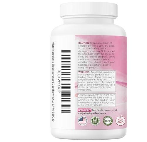 Micro Ingredients Blood+ Advanced Iron Supplement, 240 Veggie Capsules | 14-in-1 Iron Bisglycinate with Folate, Vitamins B, C | Chelated Iron Complex with Botanical Blend | Non-GMO - görsel 3