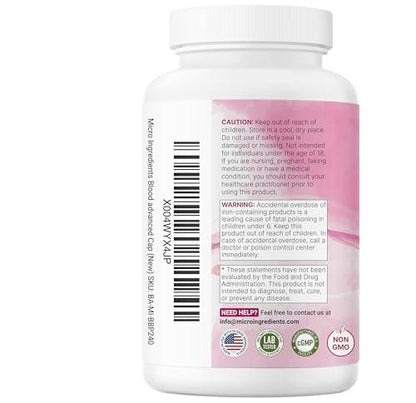 Micro Ingredients Blood+ Advanced Iron Supplement, 240 Veggie Capsules | 14-in-1 Iron Bisglycinate with Folate, Vitamins B, C | Chelated Iron Complex with Botanical Blend | Non-GMO