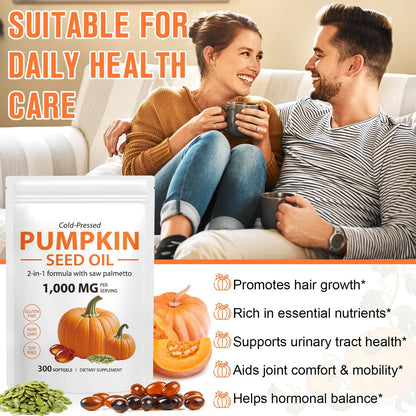 Mcukv Pumpkin Seed Oil with Saw Palmetto, 1000mg per Serving, Cold Pressed Pumpkin Seed Oil Capsules for Hair, Scalp, Urinary & Prostate Support, Pure Virgin with Essential Fatty Acids, Non-GMO, 300 Count