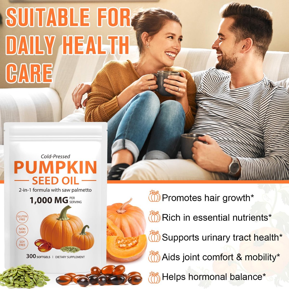 Mcukv Pumpkin Seed Oil with Saw Palmetto, 1000mg per Serving, Cold Pressed Pumpkin Seed Oil Capsules for Hair, Scalp, Urinary & Prostate Support, Pure Virgin with Essential Fatty Acids, Non-GMO, 300 Count - görsel 15