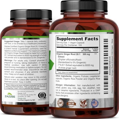Zazzee USDA Organic Ginger Root 20:1 Extract, 5% Gingerols, 100 Vegan Capsules, 3+ Month Supply, Zingiber Officinale, Digestive & Stomach Support, All-Natural, Non-GMO, Made in the USA