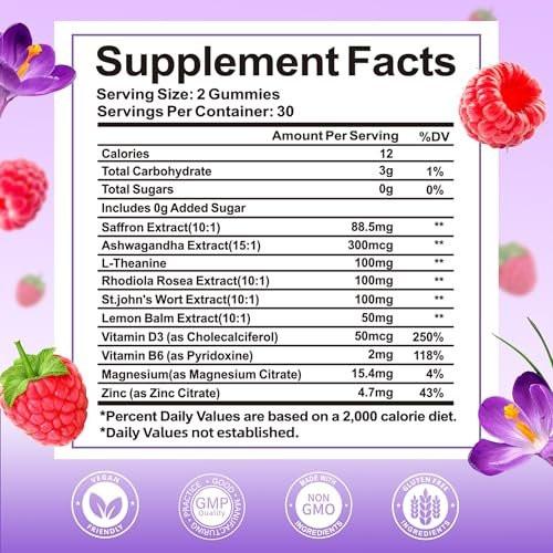 Wordln Saffron Gummies for Adults & Kids, Saffron Supplements with 88.5mg Saffron Extract, Ashwagandha, L-Theanine for Relaxation, Focus and Mood Support, 60 Gummies (Pack of 1) - görsel 2