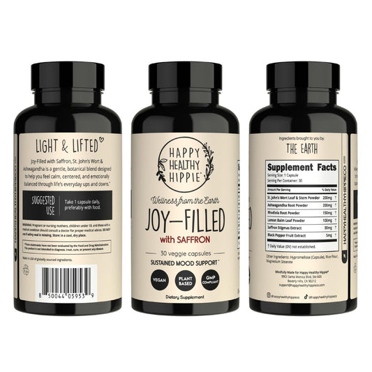 Joy-Filled with Saffron Mood Support Supplement — Daily Mood Support with 30mg Extract + Ashwagandha, Rhodiola, St. John's Wort, Lemon Balm | Saffron Supplements for Emotional Support, Vegan, 30 Ct