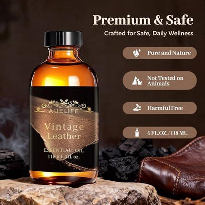 Auelife 4oz Vintage Leather Men Essential Oils for Diffusers for Home - Long Lasting Fragrance Oil for Candle & Soap Making, Father's Day & Birthday Gifts for Him, Masculine Scent for Men Gift