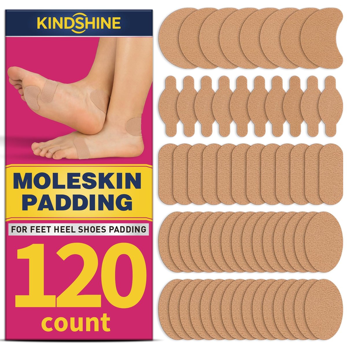 120 Pack Bulk Moleskin Strips with Adhesive Blister Prevention Pads Mole Skin Tape Stickers for Feet Heel Shoes Padding, Beige - görsel 3