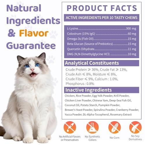 Lysine for Cats, 500ct Cat Immune Support Chews, L-Lysine Supplement for Cats with Colostrum, Omega-3, Soothes Sneezing, Runny Nose & Upper Respiratory Support, Crunchy & Creamy, Chicken Krill Flavor - görsel 12