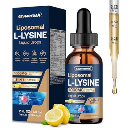 Liposomal L-lysine 1000MG Liquid Drops, 13-in-1 Lysine Monolaurin Supplements – Olive Leaf Extract with Vitamin C, B6, D3, B12 & Zinc for Collagen, Lip, skin & Immune Support for Kids & Adults, 2oz